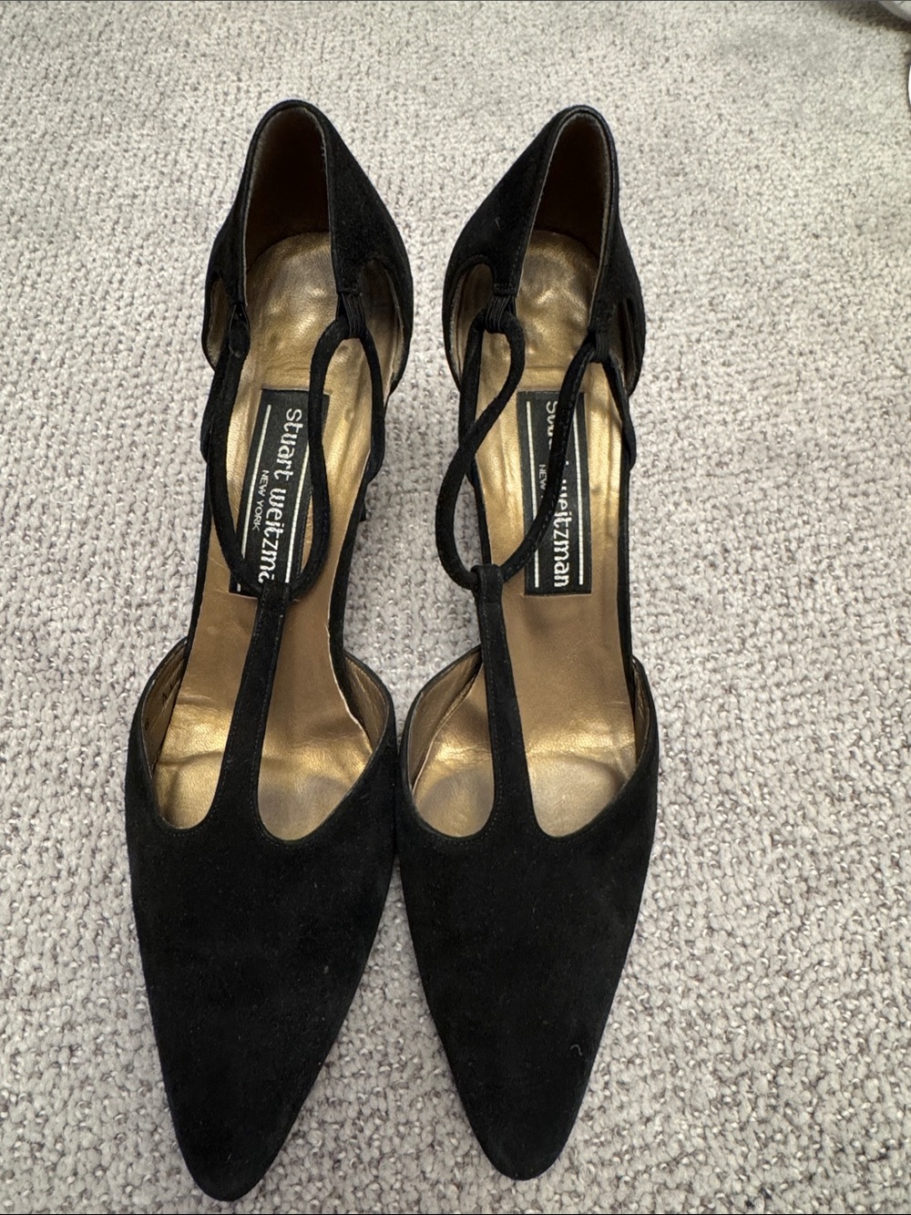 Stuart Weitzman Black Suede T-Strap Pointed Pumps